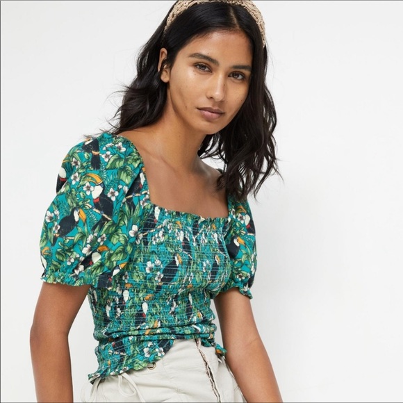 Anthro DOLAN Smocked Puff-Sleeved Toucan Top S - Picture 3 of 12